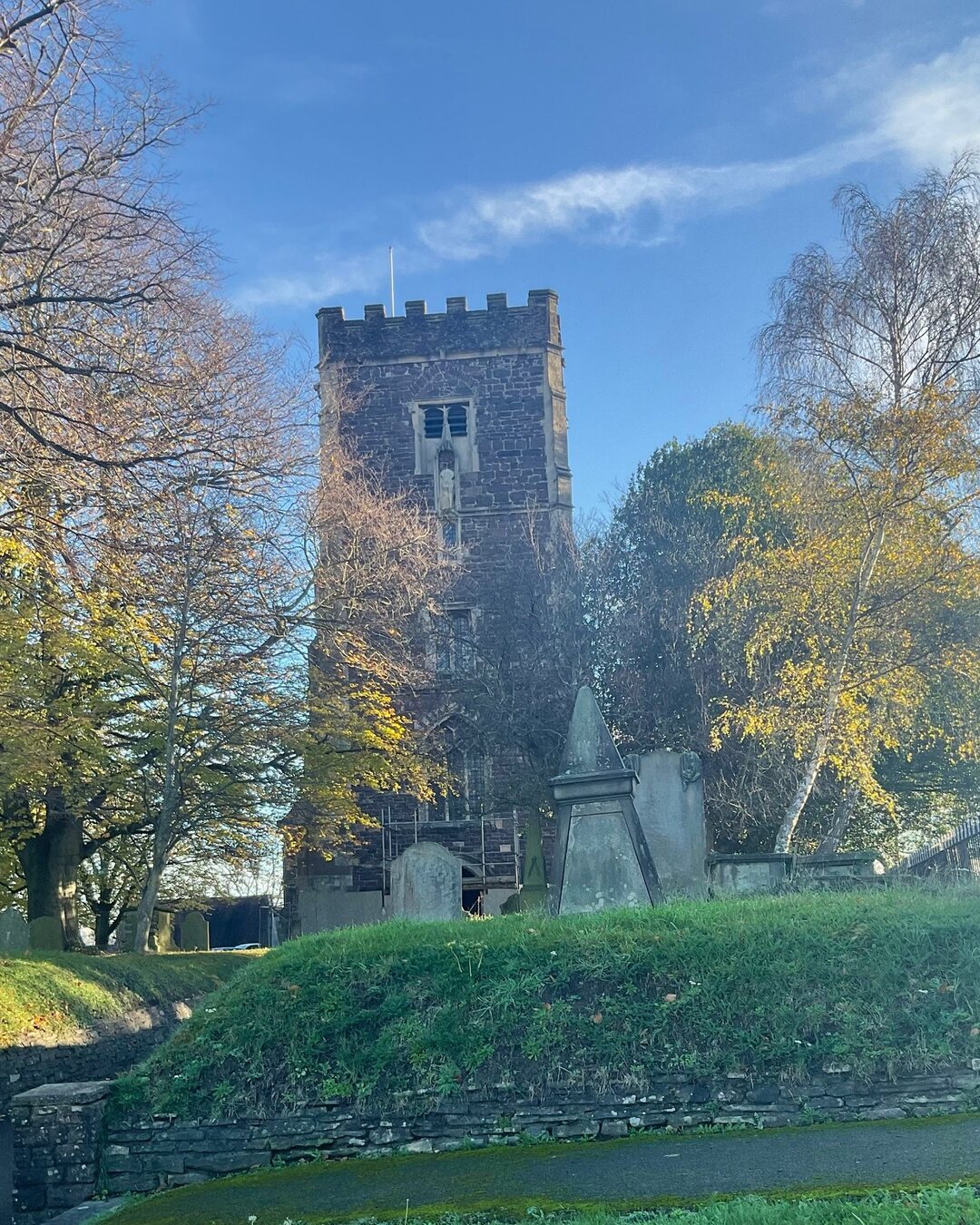 The fifteenth-century tower of St Woolos Cathedral, Newport, seen from the west
